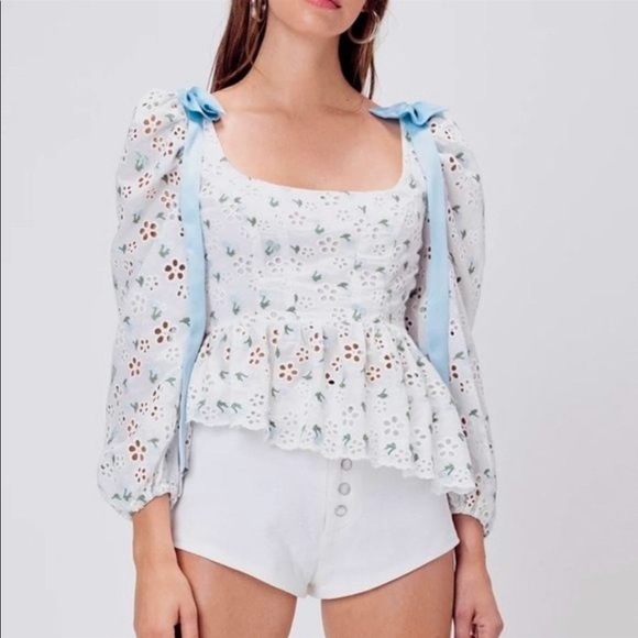 For Love And Lemons Tops - For Love & Lemons Wild Cherry Blouse S Blue White Eyelet lace Small so Pretty